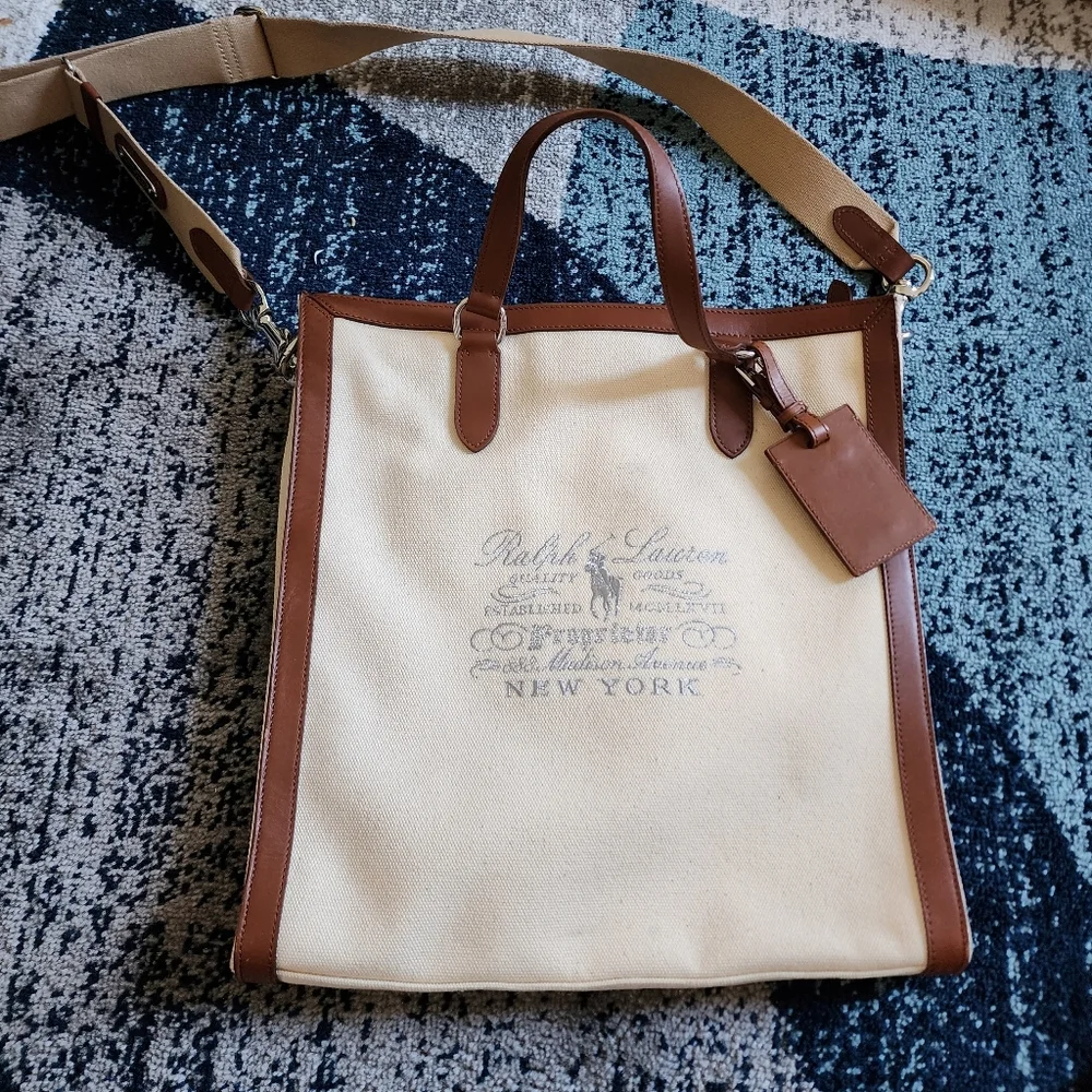 RALPH LAUREN Vintage Cream Canvas and Leather Tote Satchel Bag